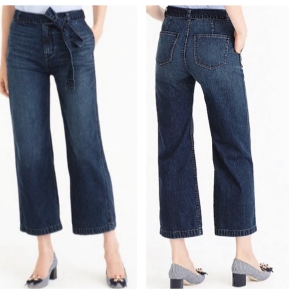 J. Crew Rayner Wide Leg High Rise Crop Belted Jeans Dark Wash size 25 EUC - Picture 1 of 8